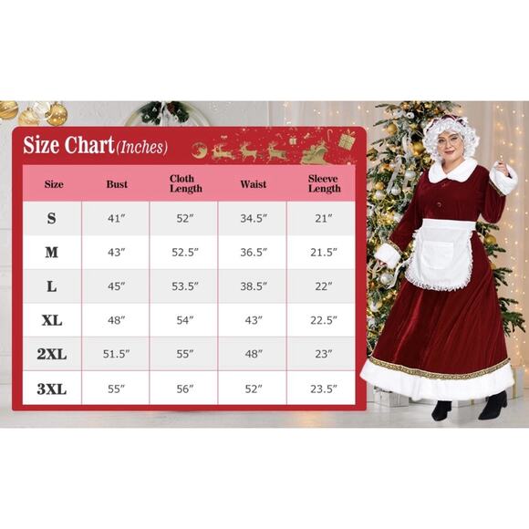 WeGuard Mrs Claus Costume Medium 5pc Santa Dress Wig Apron Hat Glasses NIP - Picture 6 of 7
